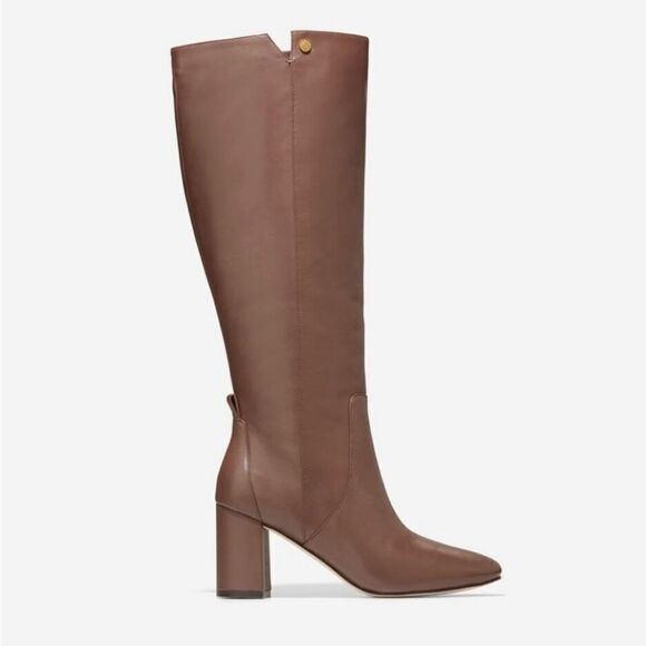 New COLE HAAN Chrystie Square brown tall block heel leather zip boots size 5.5 - Picture 4 of 5